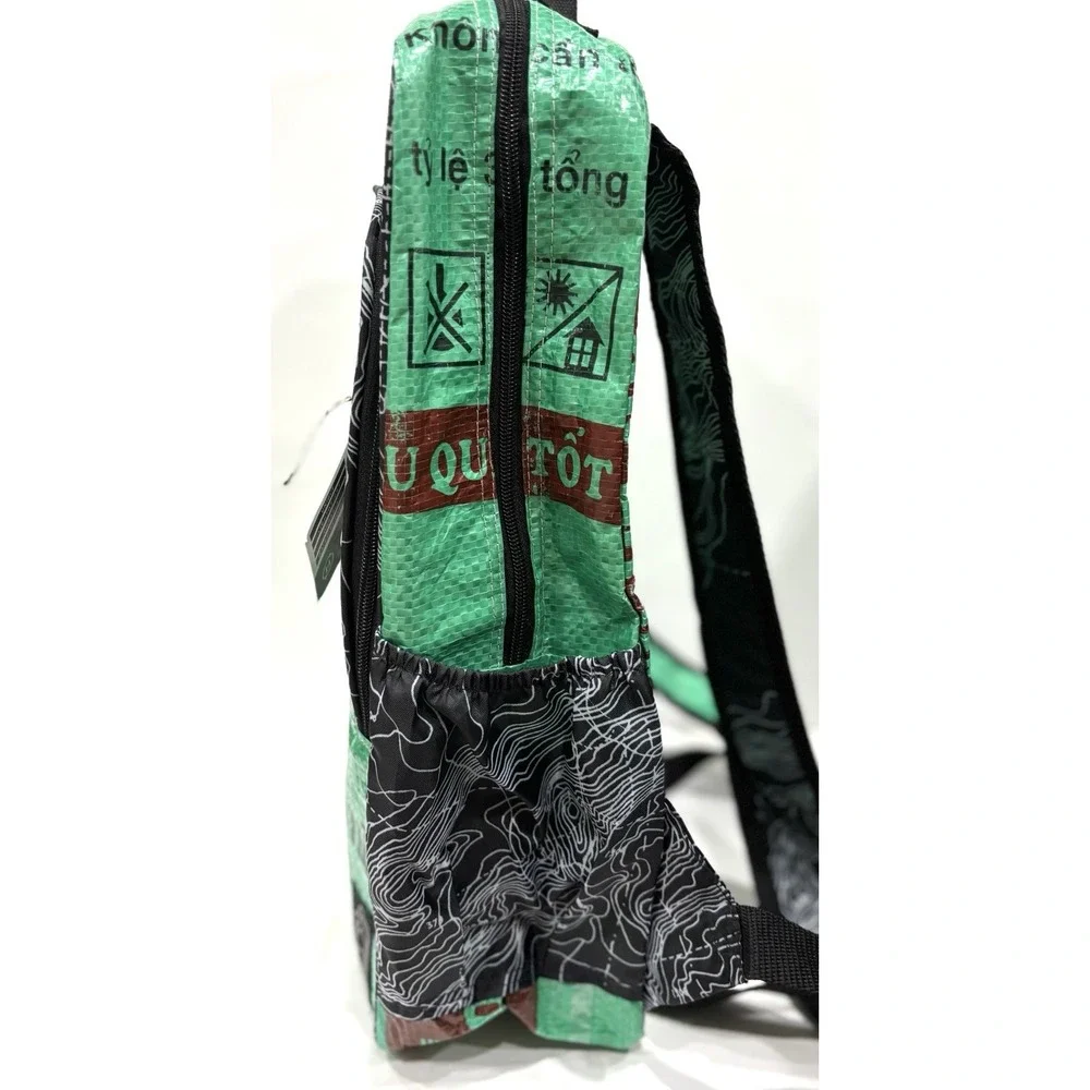 Torrain Upcycled Vietnamese Feed Sack Backpack Green Fish Print NWT